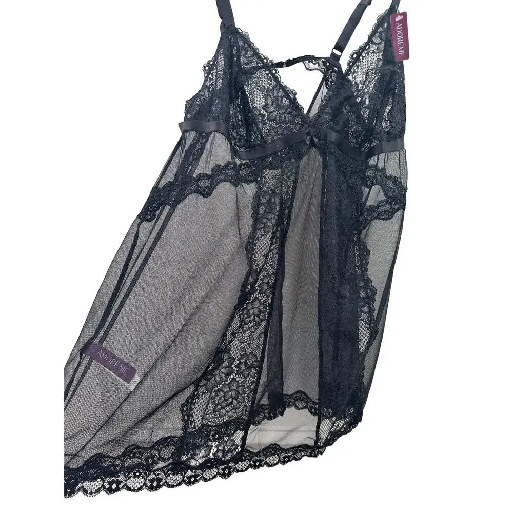 NWT Adore Me Lingerie Womens Size 0X Black Lace Sheer Babydoll